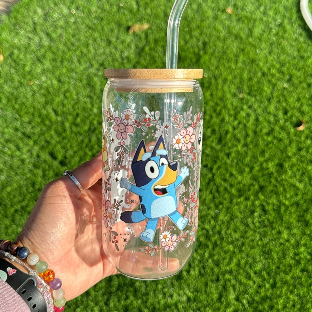 Bluey And Friend Glass Can, Comes‎ With Wooden Lid& Glass Straw